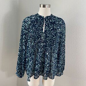 Banana Republic Womens Large Floral Pleated Sheer Blouse Long Sleeve Shirt Top